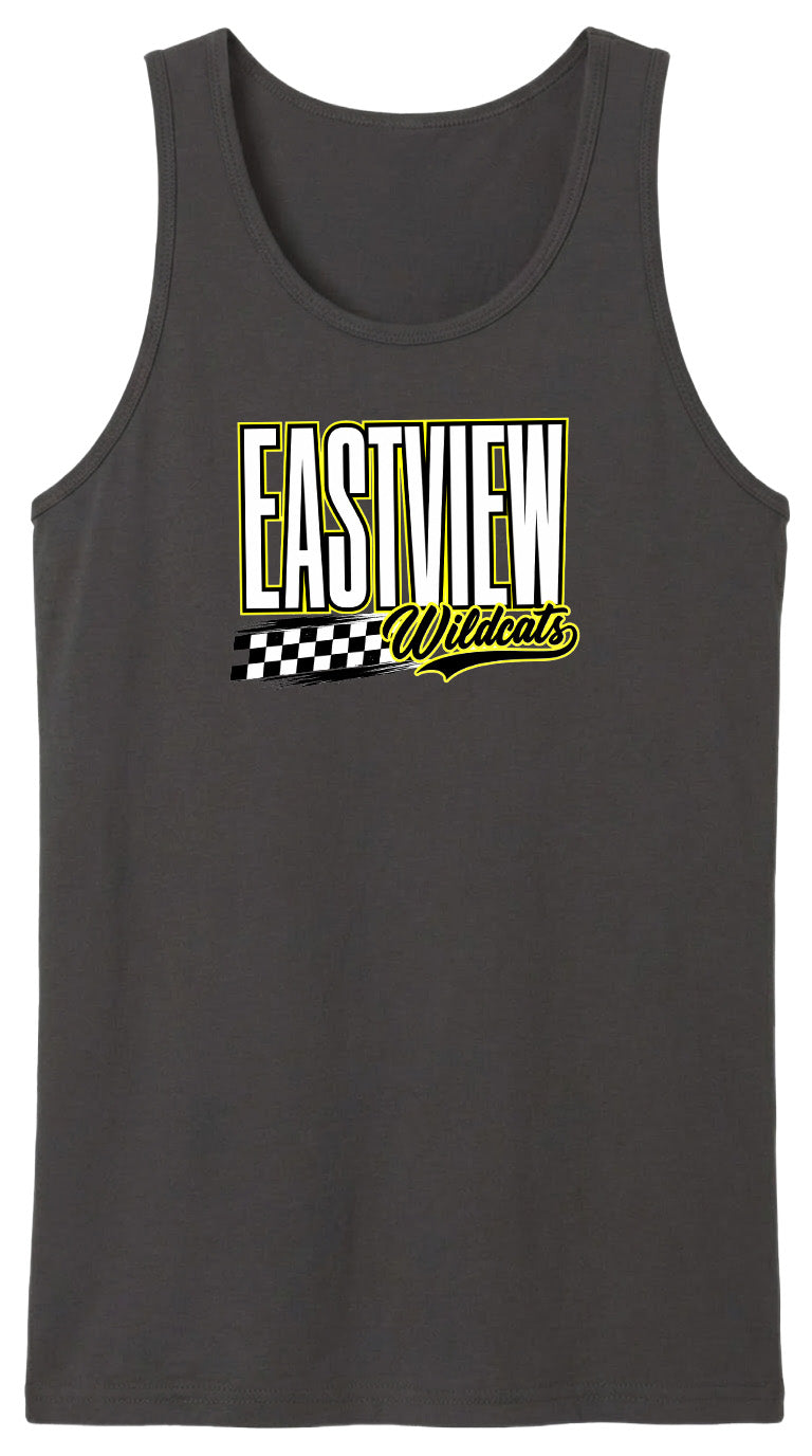 A gray tank top with a graphic design featuring the text "EASTVIEW Wildcats" in yellow and black.