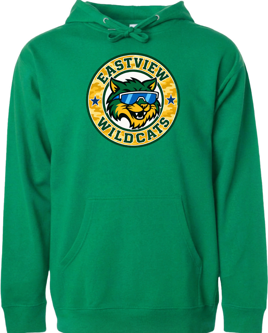 A green hoodie with a logo of a cat wearing sunglasses and the text "EASTVIEW WILDCATS" printed on it.