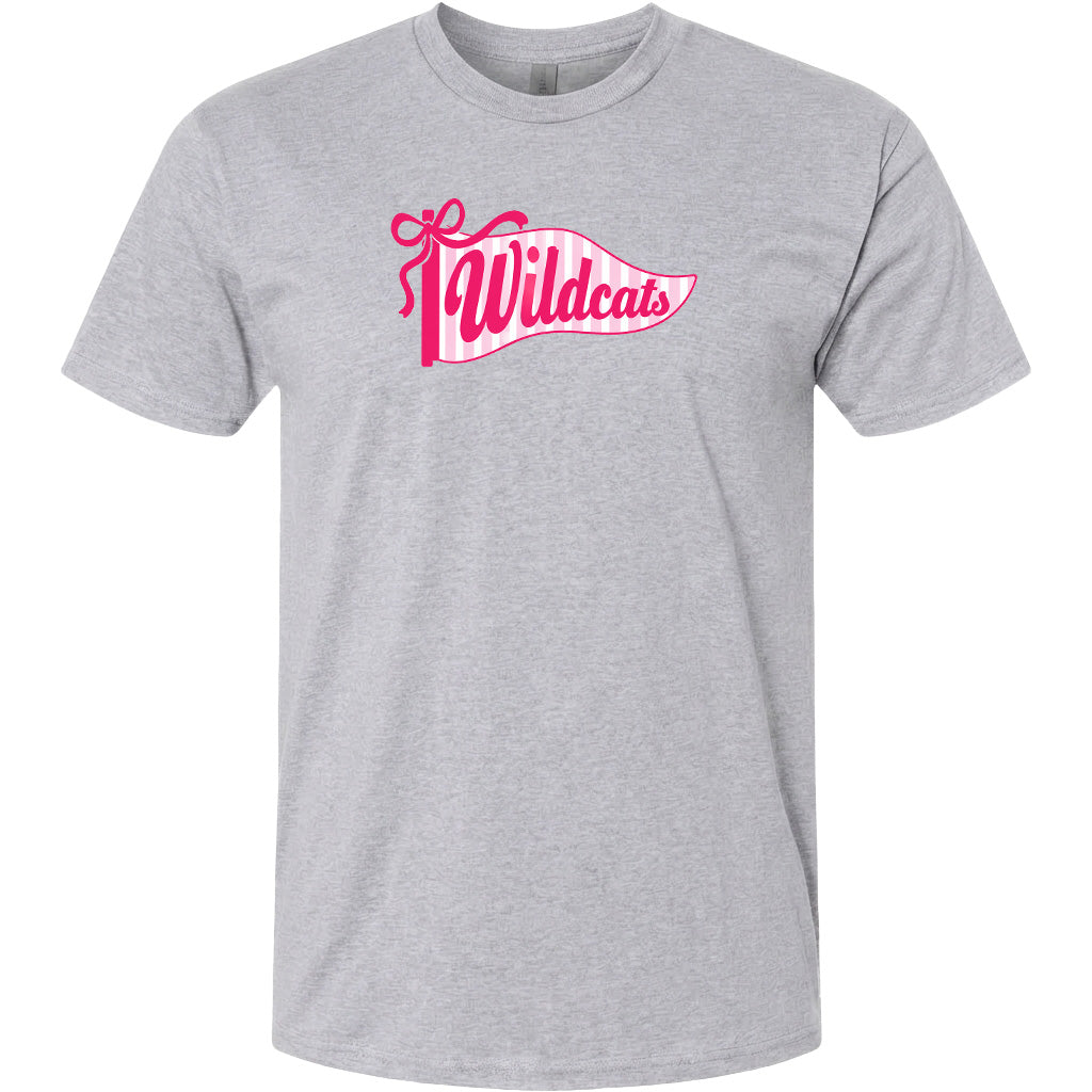 A gray t-shirt with a pink and white graphic design featuring the word "Wildcats" in a stylized font.
