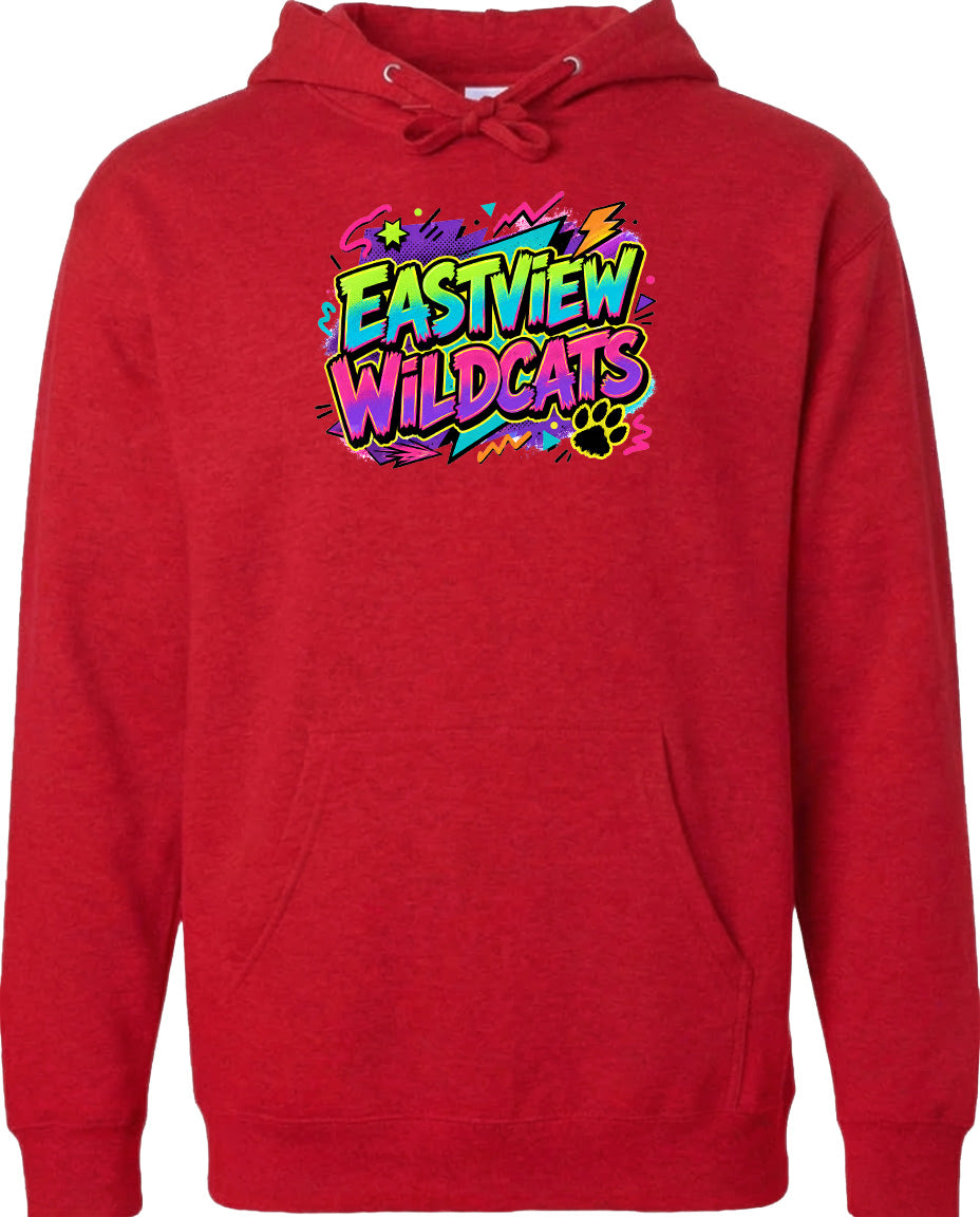 A red hoodie with a colorful graphic design featuring the text "EASTVIEW WILDCATS" and a paw print.