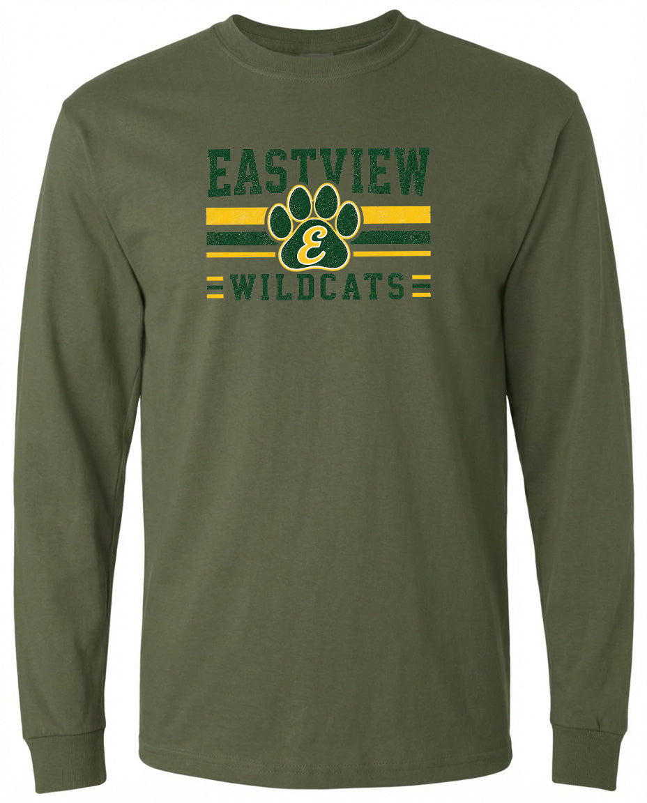 A long-sleeved olive green t-shirt with a graphic design featuring a paw print and the text "EASTVIEW WILDCATS" printed on it.