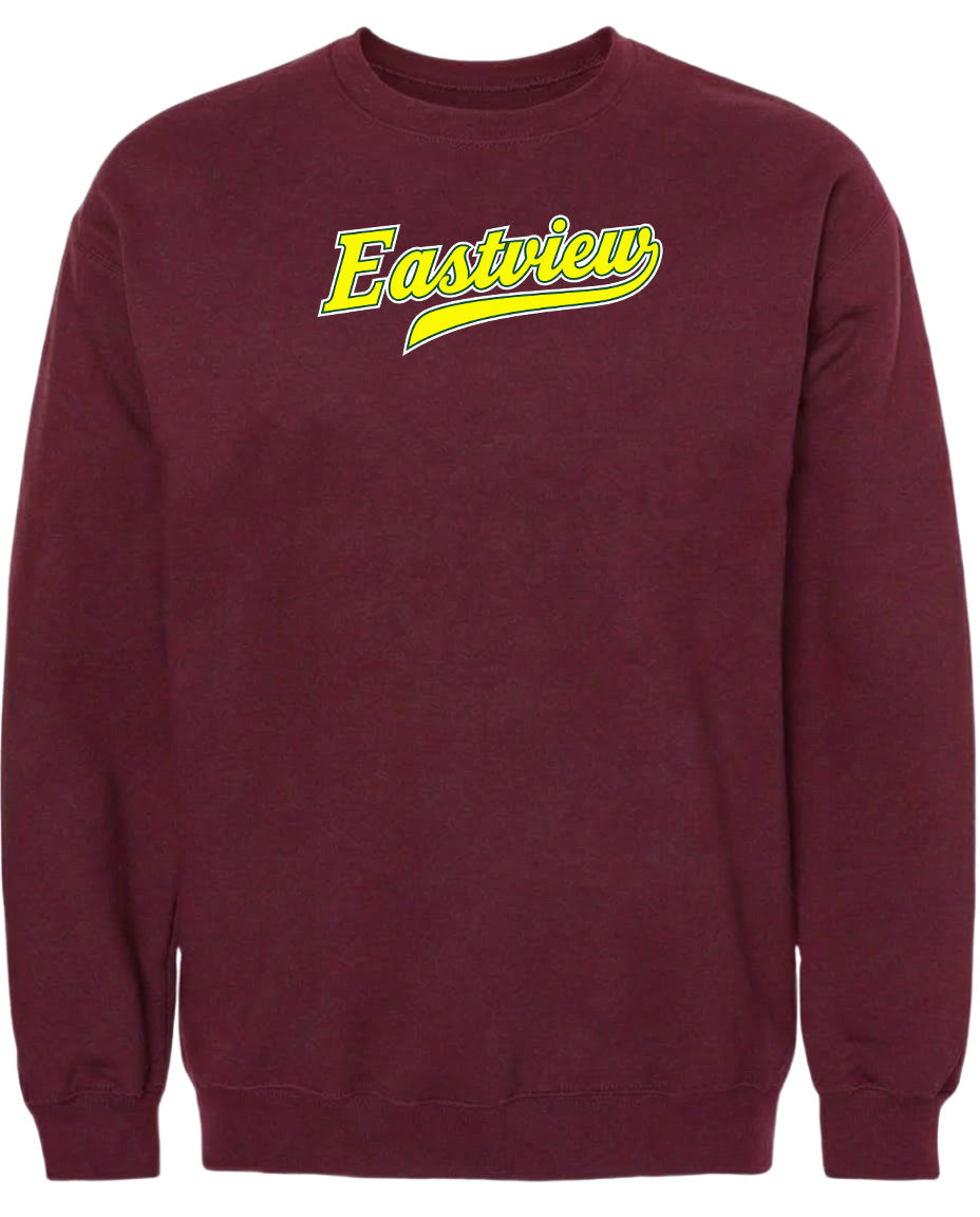 A burgundy-colored sweatshirt with the word "Eastview" printed in yellow on the front.
