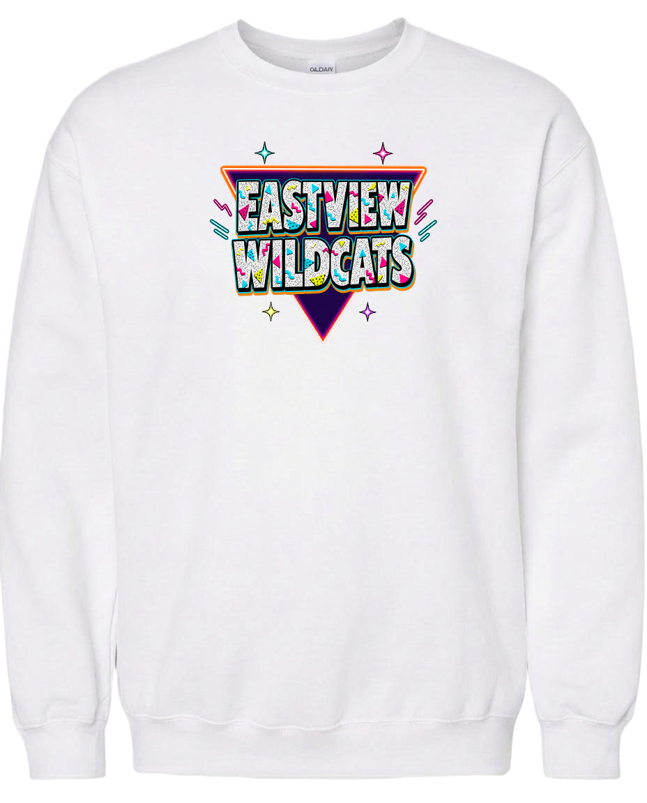 A white sweatshirt with a colorful graphic design featuring the text "EASTVIEW WILDCATS" in a retro style.