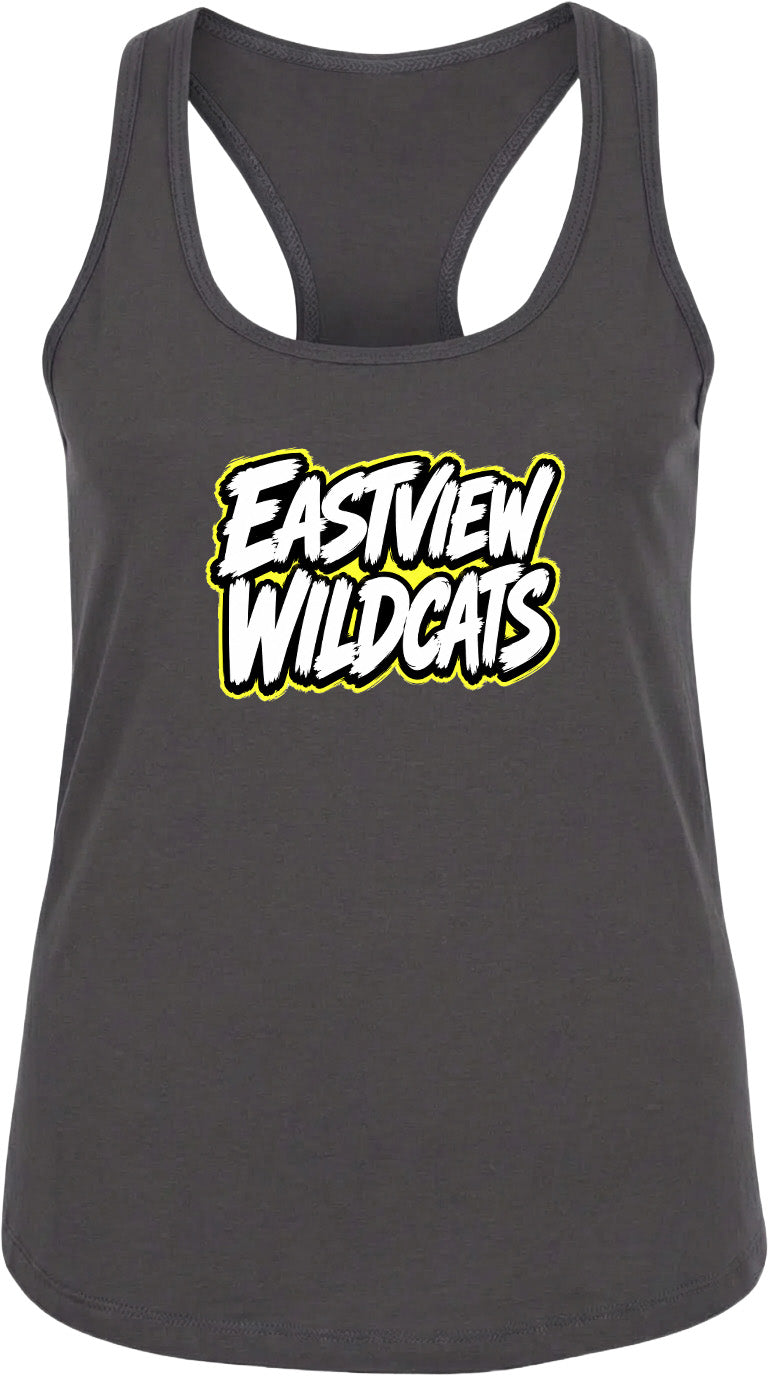 A gray tank top with the text "EASTVIEW WILDCATS" printed on it in white and yellow lettering.