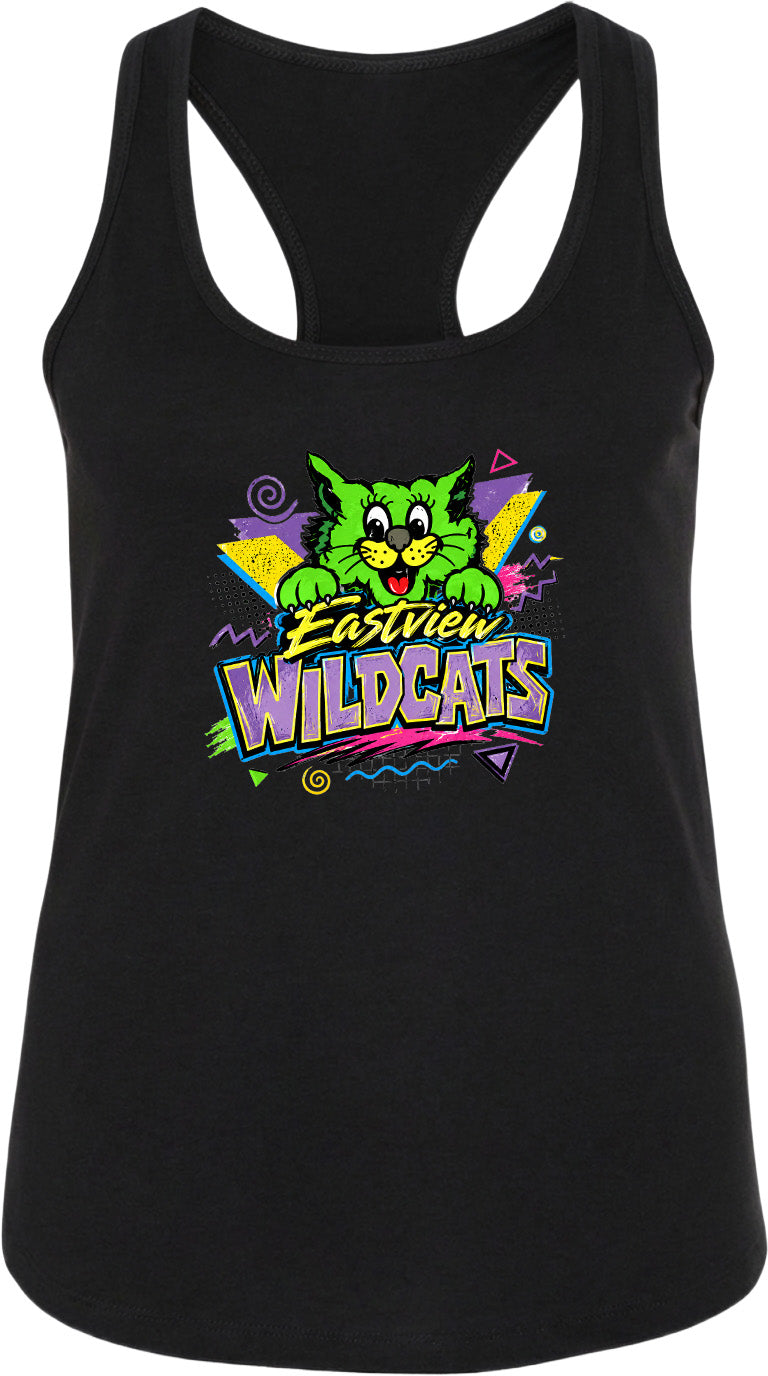 A black tank top with a colorful graphic design featuring a cartoon cat and the text "Eastview Wildcats".