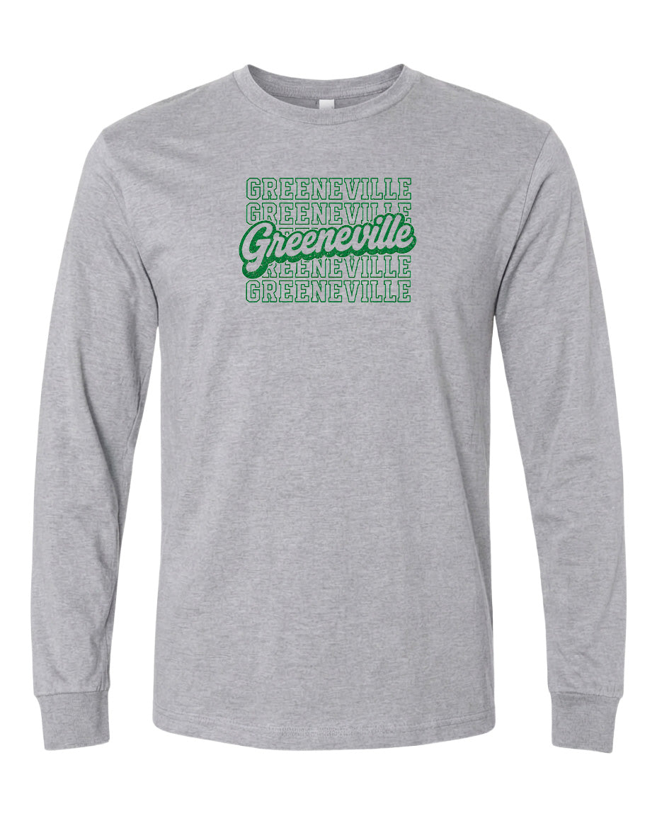 A gray long-sleeved t-shirt with the text "Greeneville" printed in green on the front.