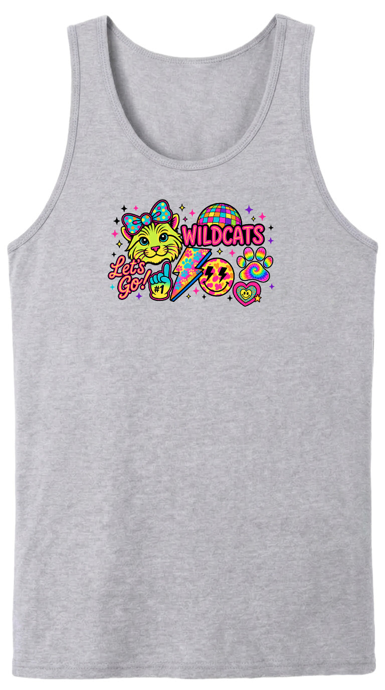 A gray tank top with a colorful graphic design featuring a cartoon cat, a lightning bolt, and various other icons.
