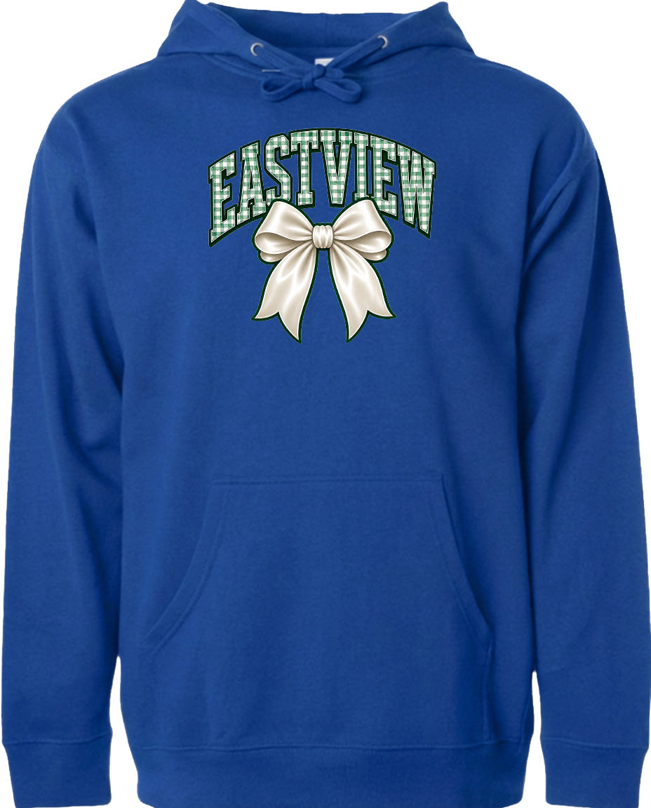 A blue hoodie with a white bow and the word "EASTVIEW" printed on it.