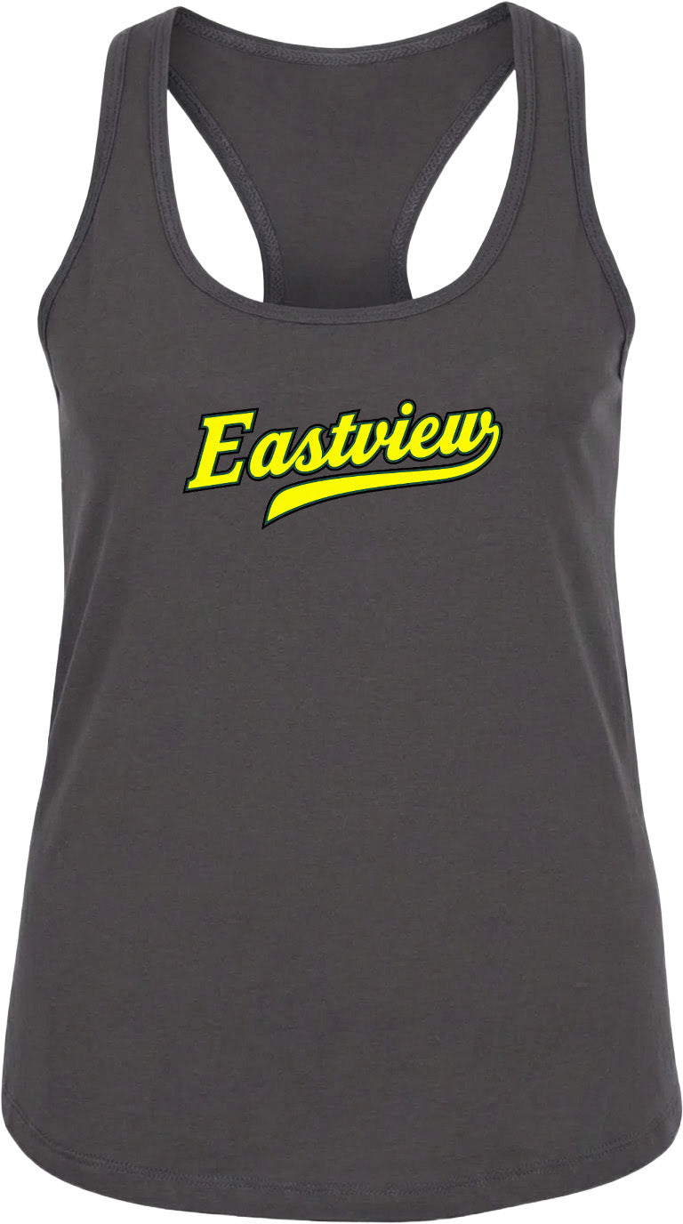 A gray tank top with the word "Eastview" printed in yellow on the front.