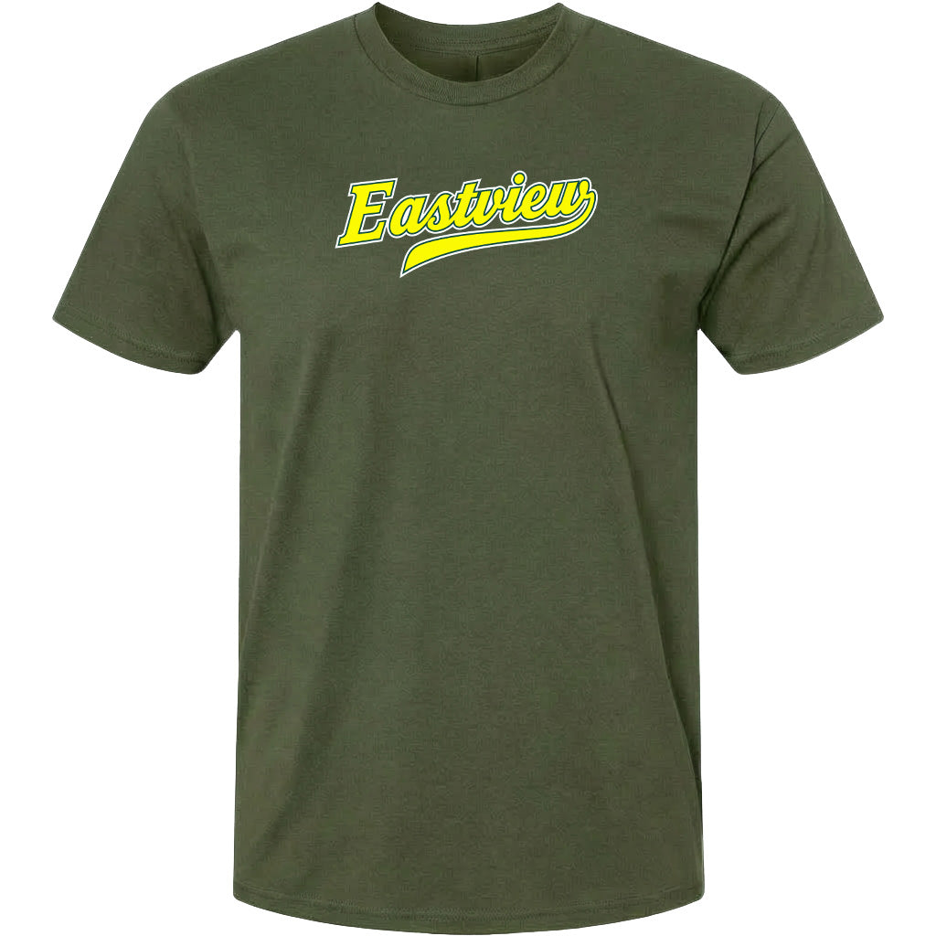 A green t-shirt with the word "Eastview" printed in yellow on it.