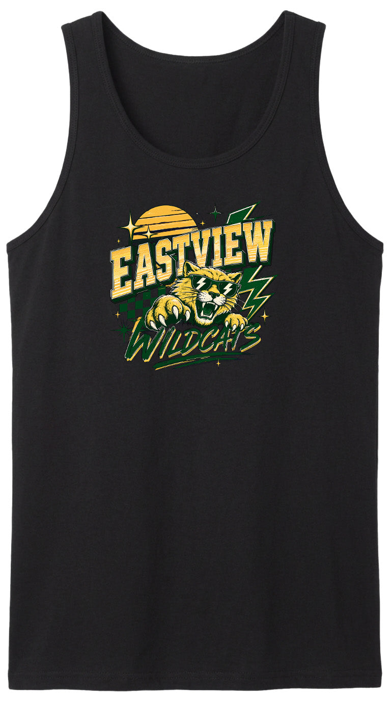 A black tank top with a graphic design featuring a tiger or panther and the text "EASTVIEW WILDCATS" printed on it.