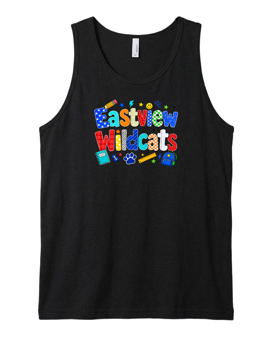 A black tank top with a colorful graphic design featuring the text "Eastview Wildcats" and various school-related icons such as a pencil, backpack, and book.