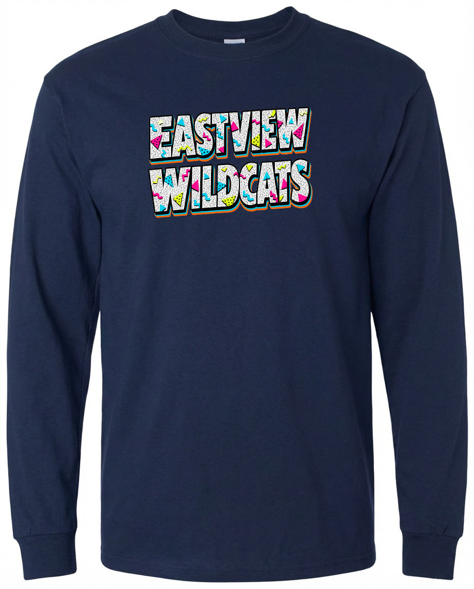 A navy blue long-sleeved shirt with the text "EASTVIEW WILDCATS" printed on it in a colorful, stylized font.