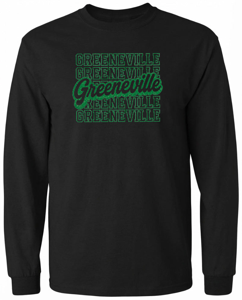 A black long-sleeved shirt with the text "Greeneville" printed in green on it.