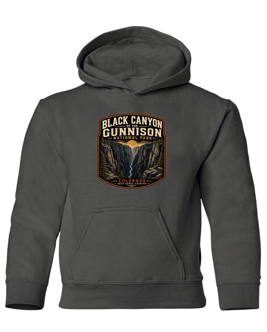 A gray hooded sweatshirt with a graphic design depicting the Black Canyon of the Gunnison National Park.