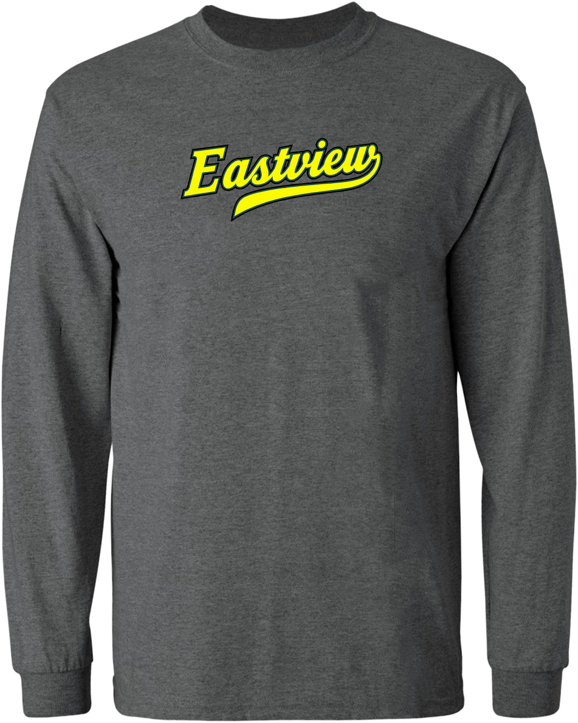 A gray long-sleeved shirt with the word "Eastview" printed in yellow on the front.