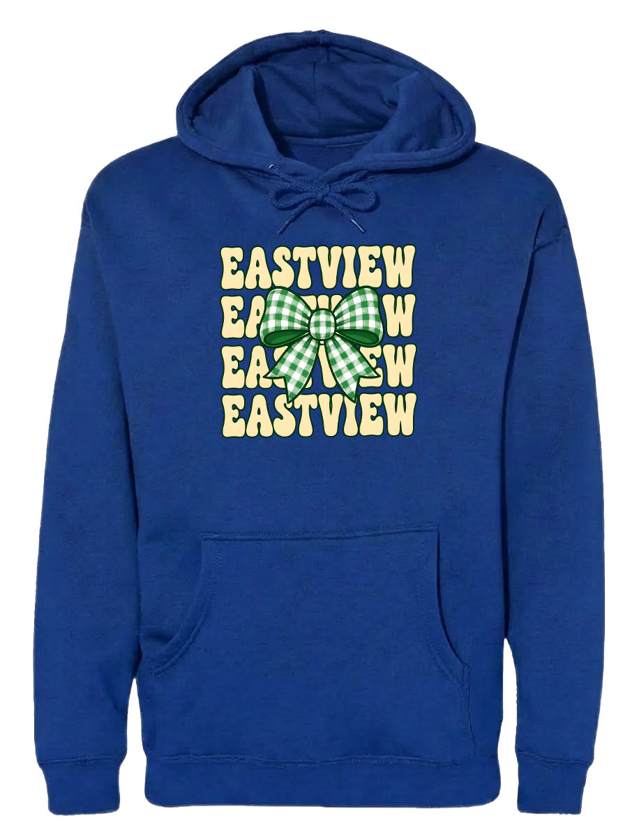 A blue hoodie with a yellow and green checkered bow on the front.
