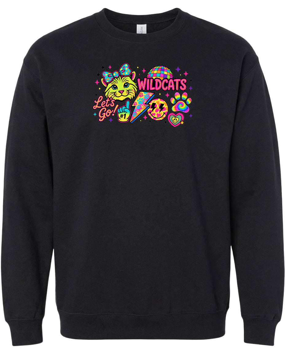 A black sweatshirt with a colorful graphic design featuring a cat, a rainbow-colored ball, and various other elements.