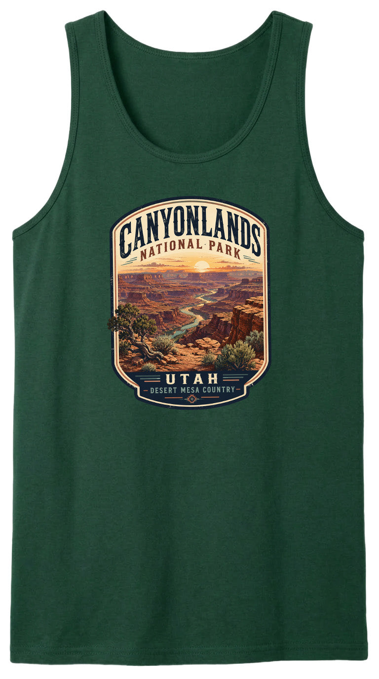A green tank top with a graphic design depicting the scenic landscape of Canyonlands National Park in Utah.
