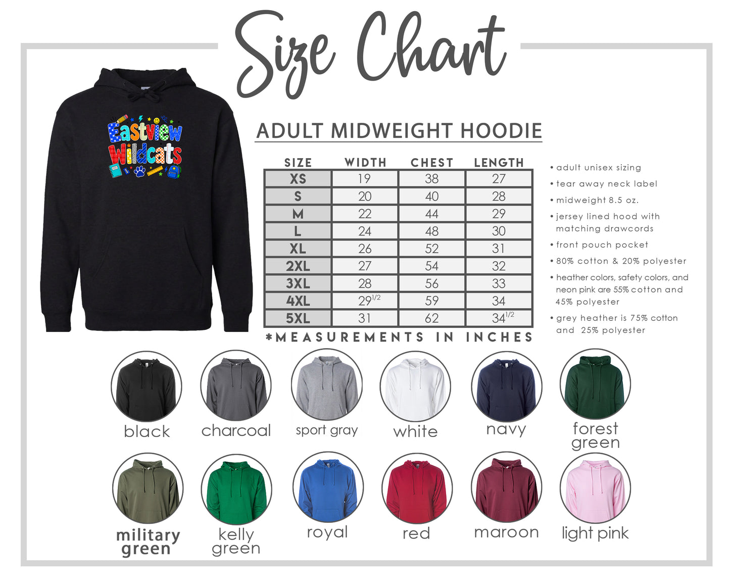 The image is a size chart for an adult midweight hoodie, including various color options and corresponding measurements in inches.