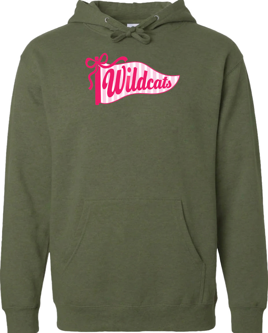A green hoodie with a pink banner that says "Wildcats" on it.