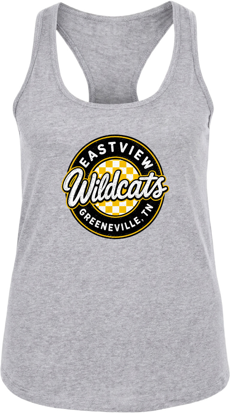 A gray tank top with a graphic design featuring the text "EASTVIEW Wildcats" and "Greeneville, TN" printed on it.