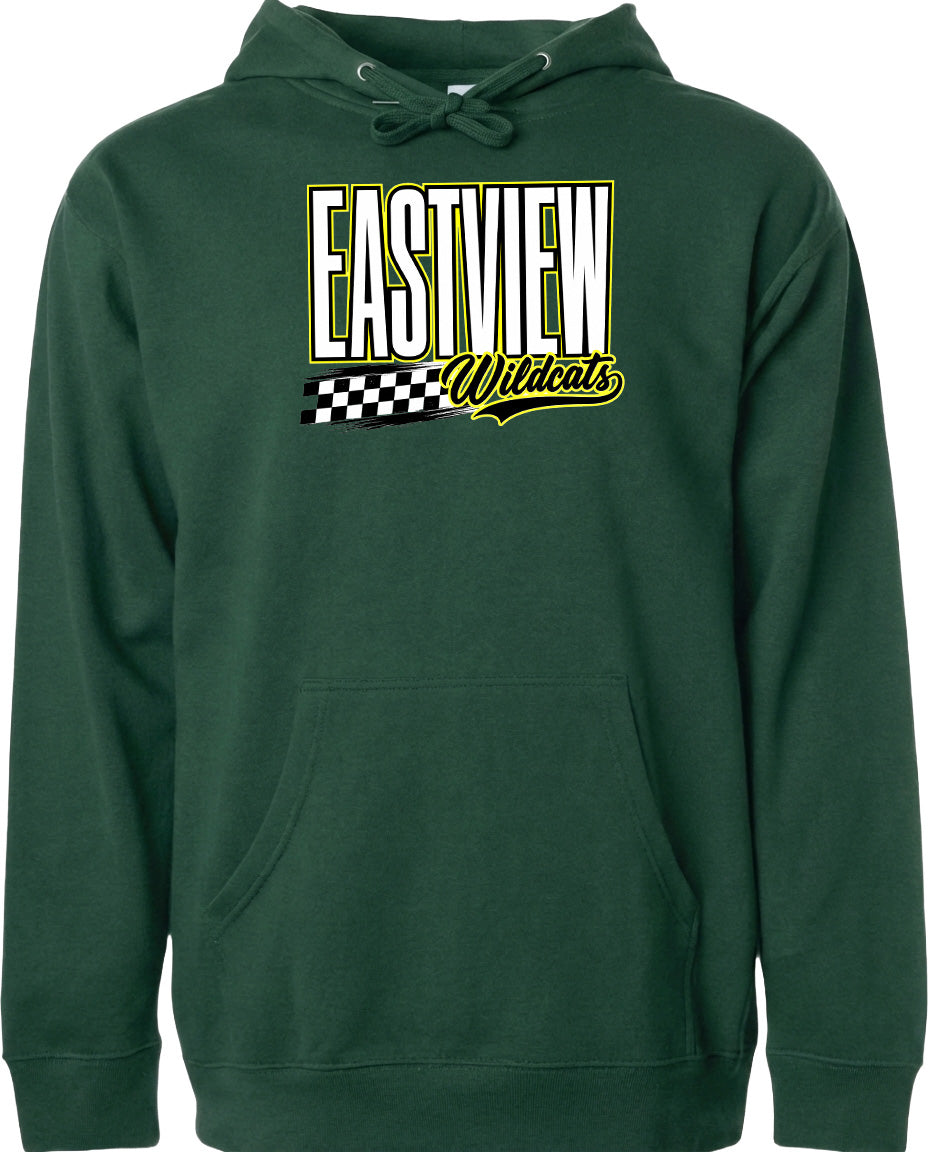 A green hoodie with a graphic design featuring the text "EASTVIEW Wildcats" and a checkered flag pattern.