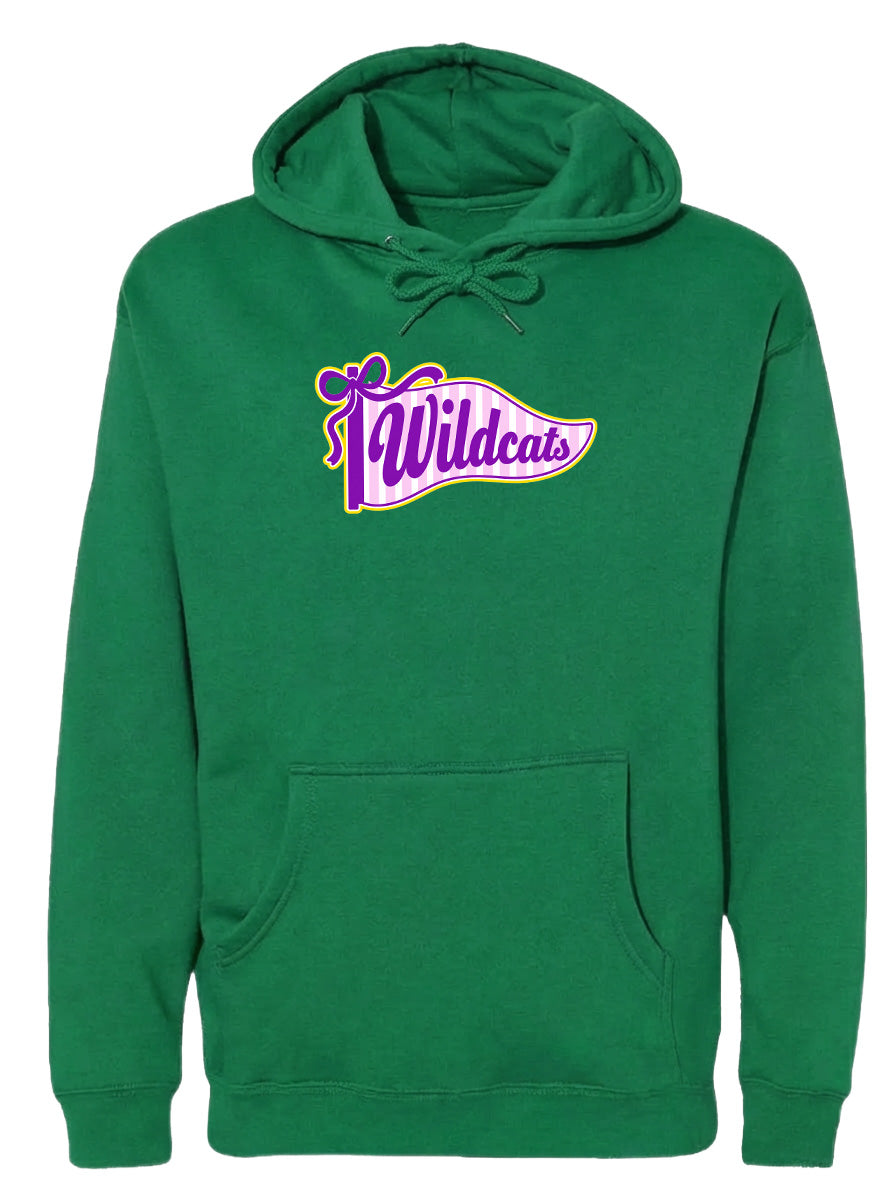 A green hoodie with a purple and yellow graphic on the front, featuring the text "Wildcats".