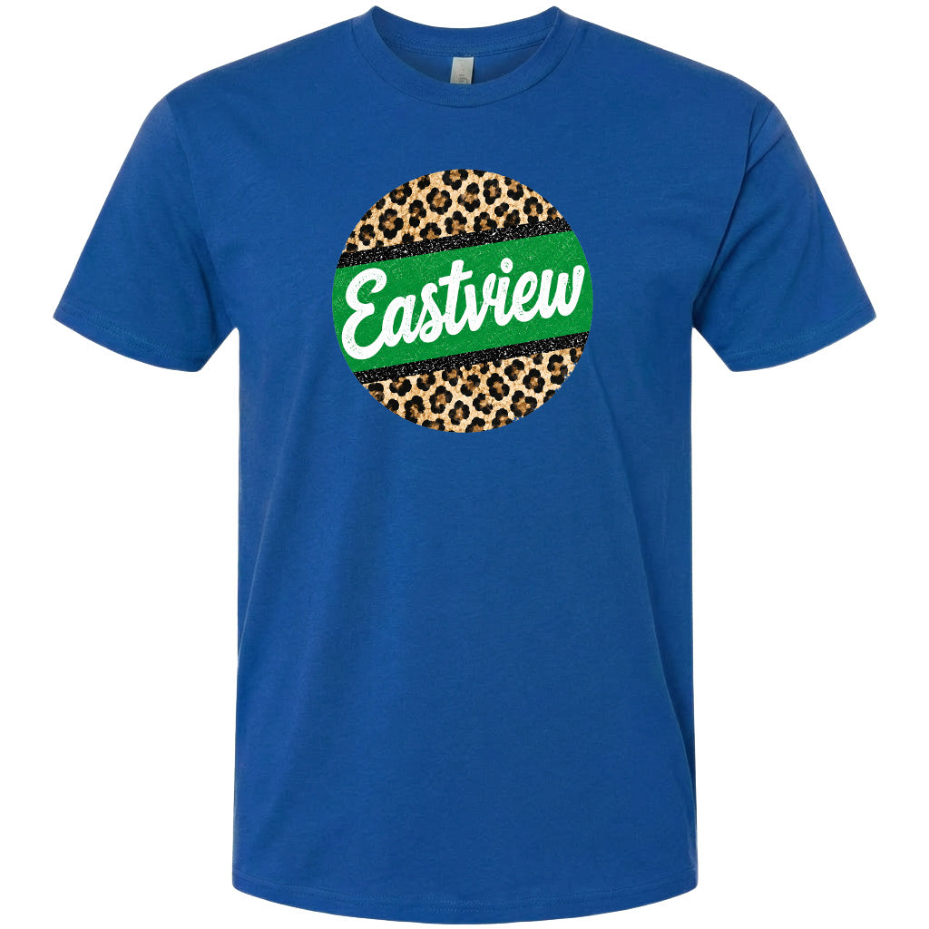 A blue t-shirt with a circular graphic design featuring a leopard print pattern and the word "Eastview" written in white cursive text.
