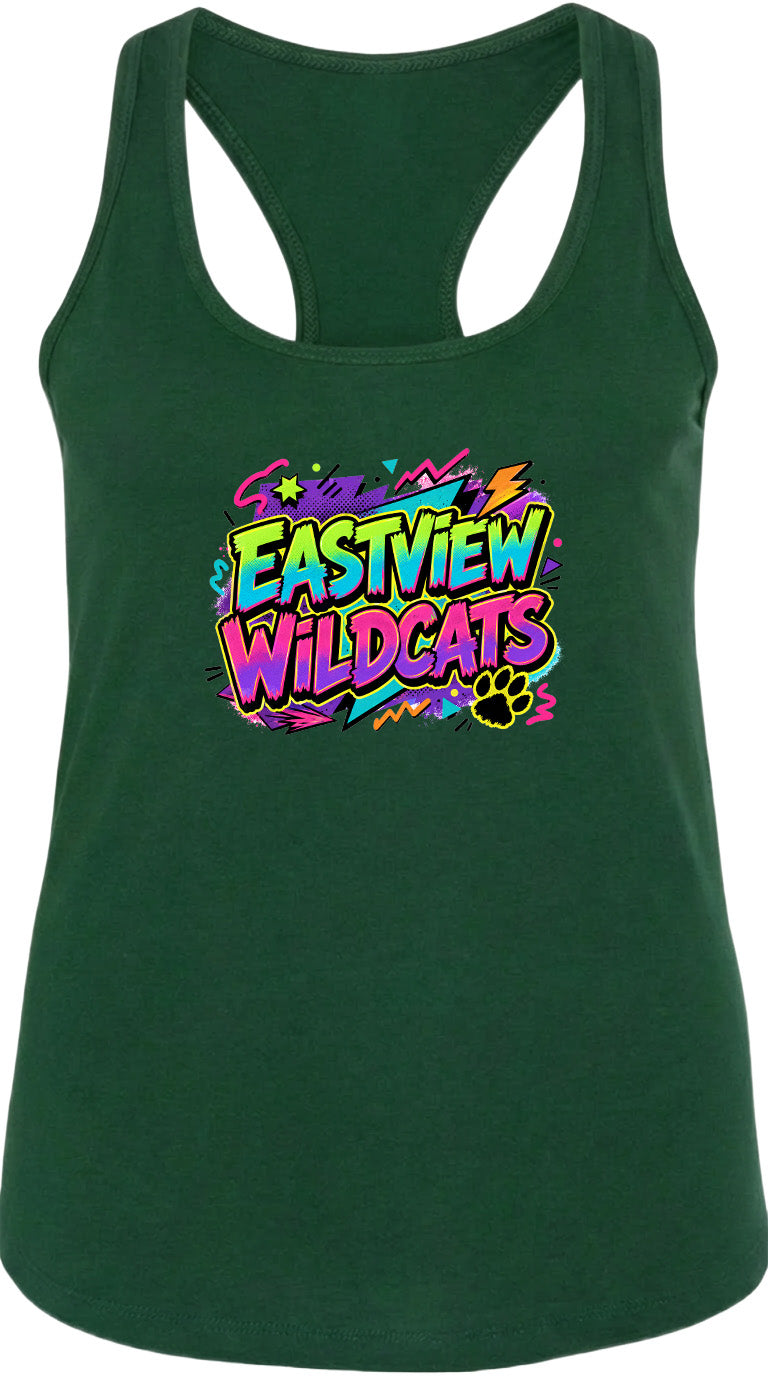 A green tank top with a colorful graphic design featuring the text "EASTVIEW WILDCATS" and a paw print.