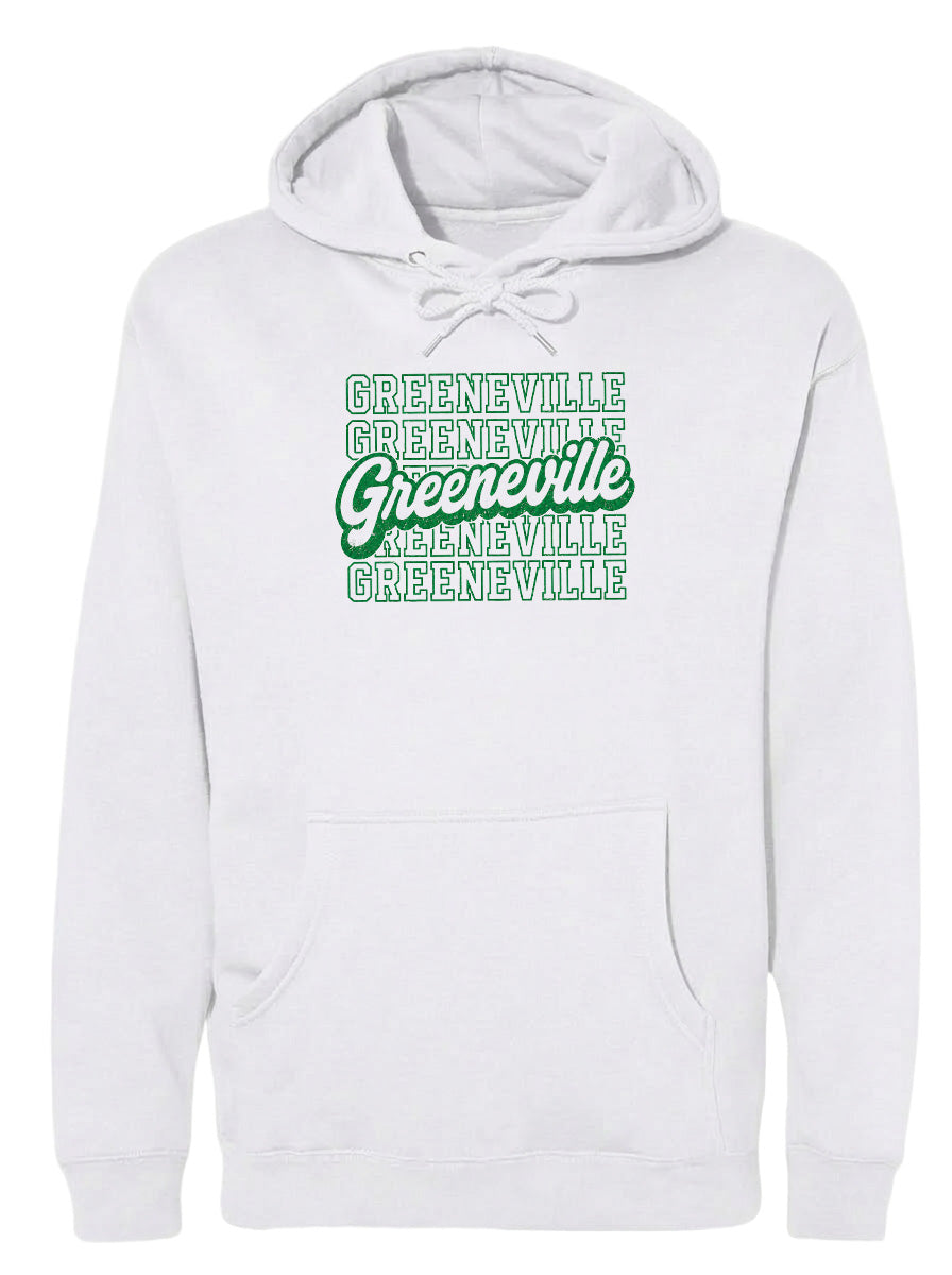 A white hoodie with the text "GREENVILLE" printed in green on the front.