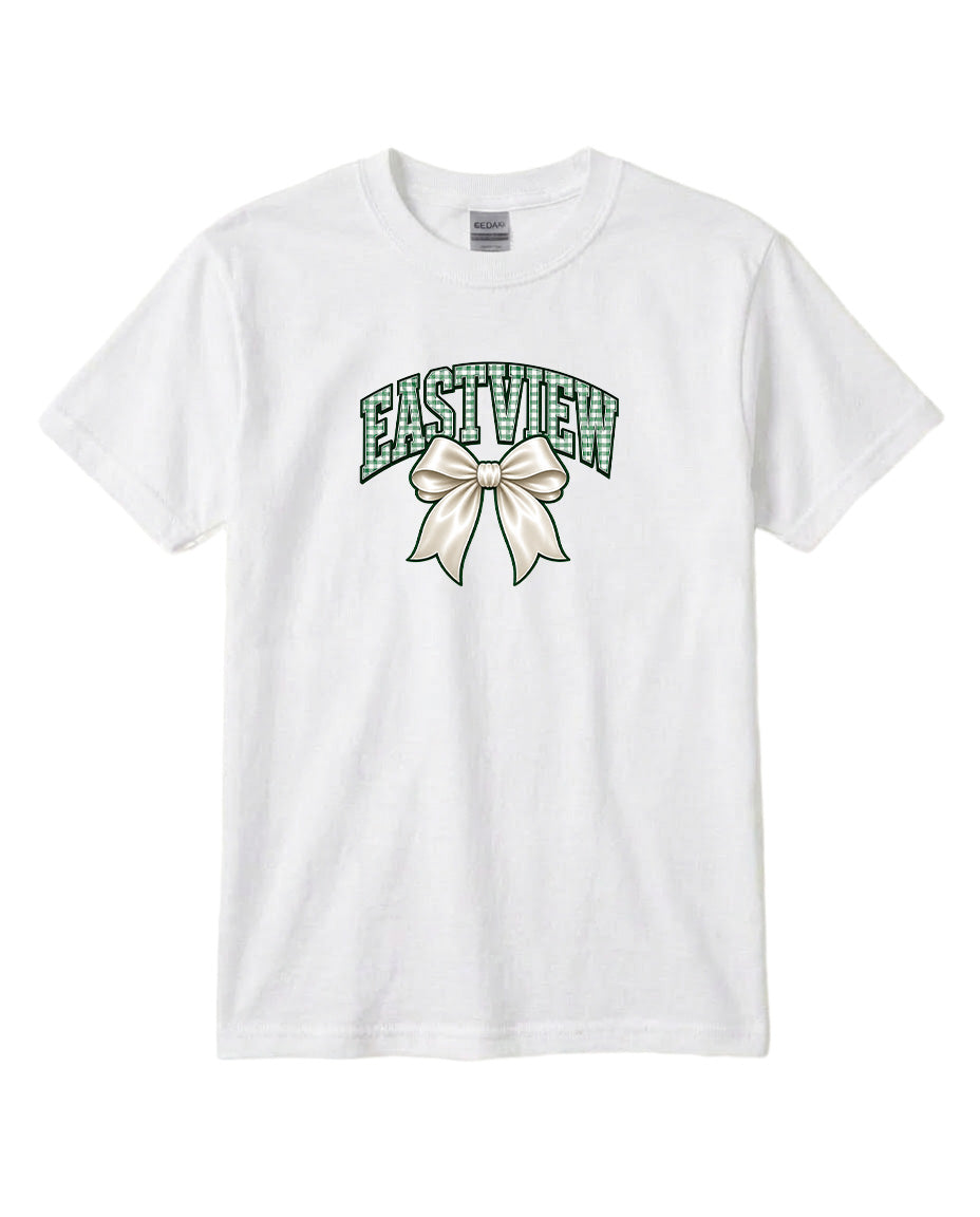 A white t-shirt with a graphic design featuring a bow and the word "EASTVIEW" printed on it.