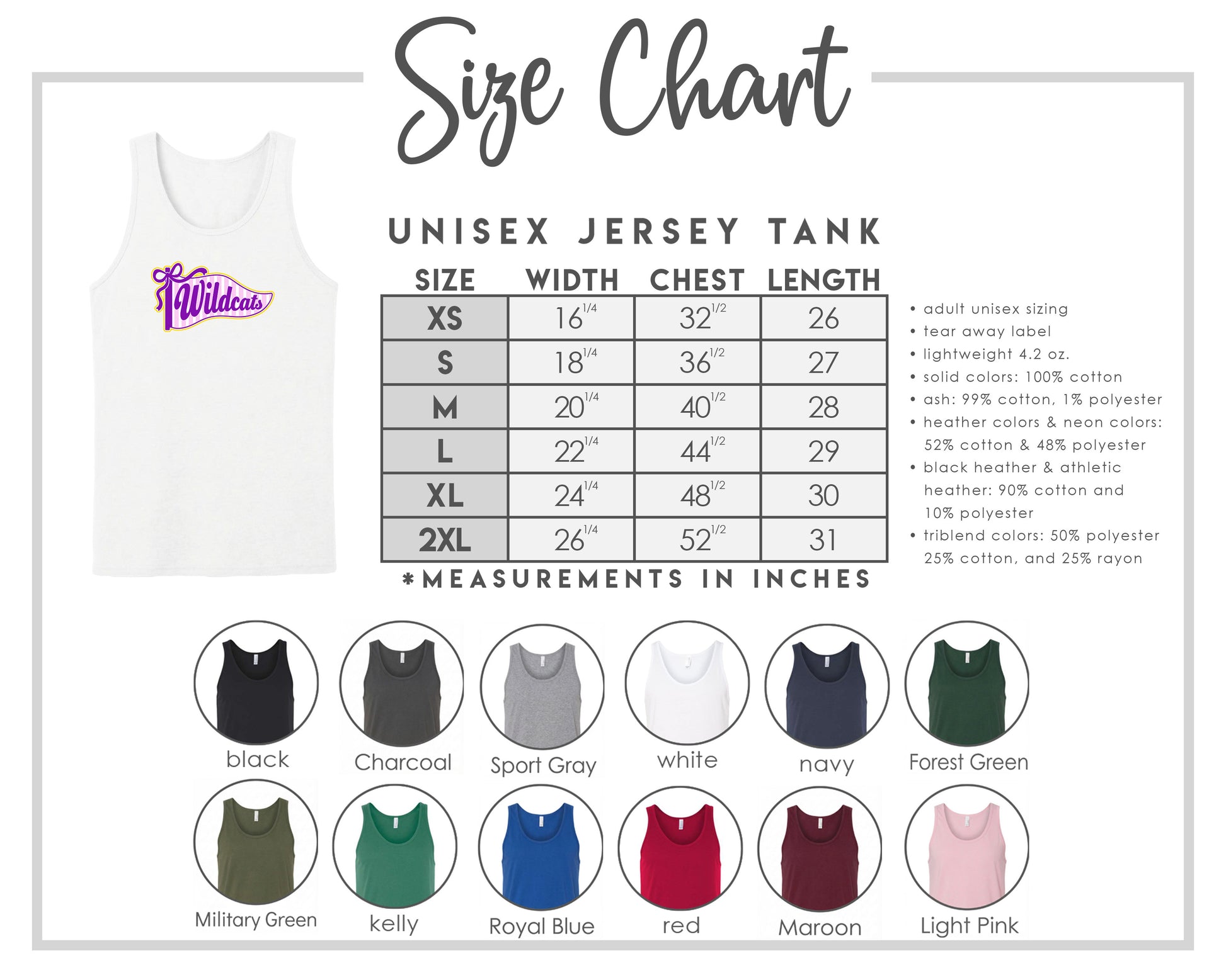 The image is a size chart for a unisex jersey tank, providing measurements and corresponding tank sizes for different chest lengths.