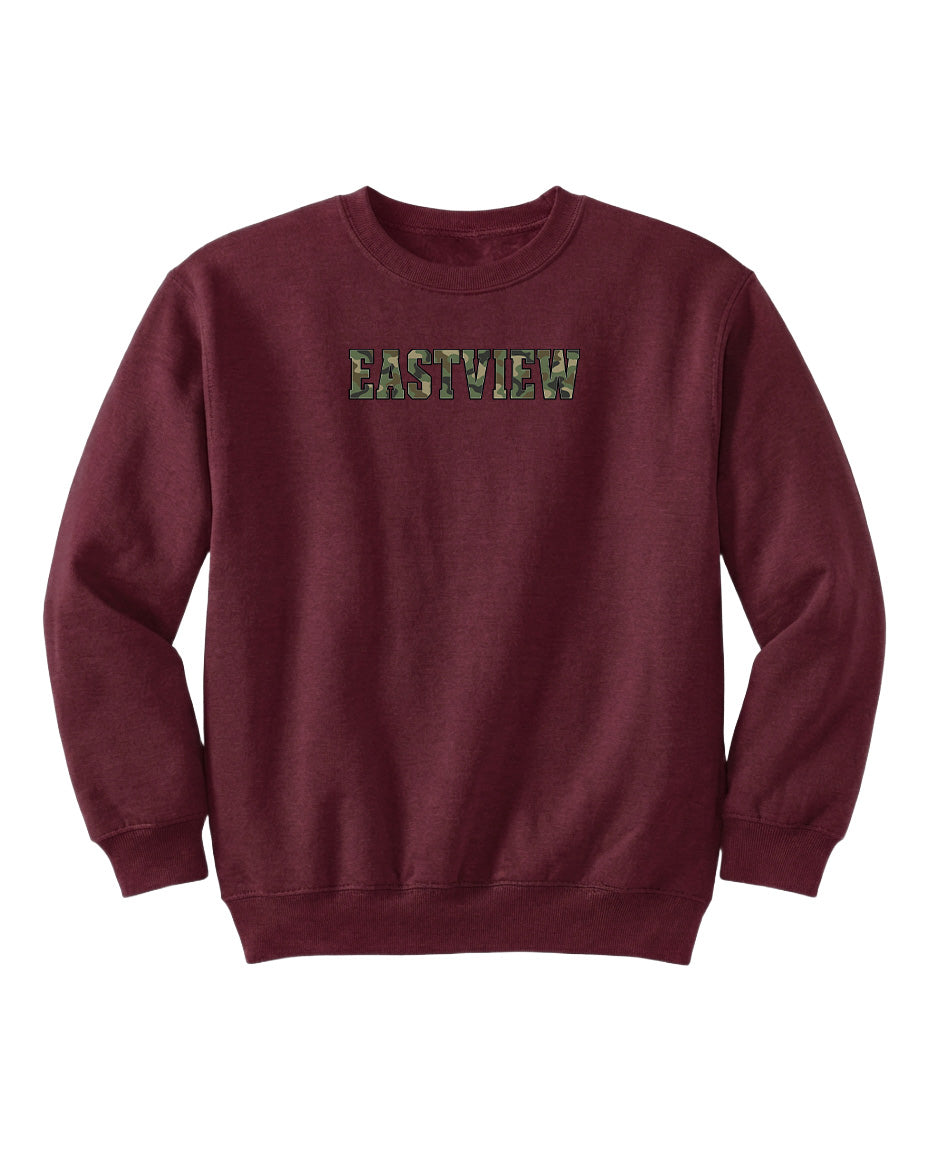 A burgundy-colored sweatshirt with the word "EASTVIEW" printed on it in a camouflage pattern.