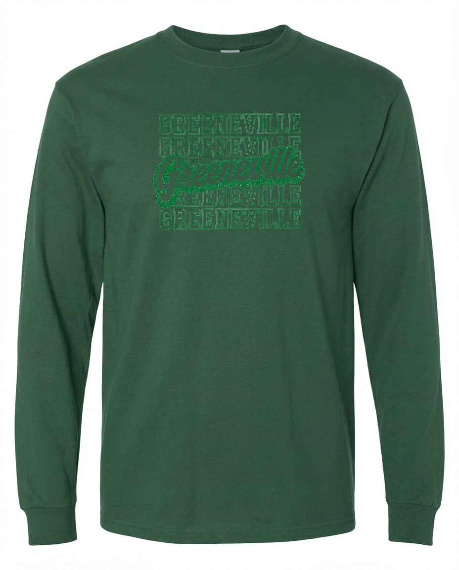 A long-sleeved green t-shirt with the text "Greenville" printed on it in a stylized font.