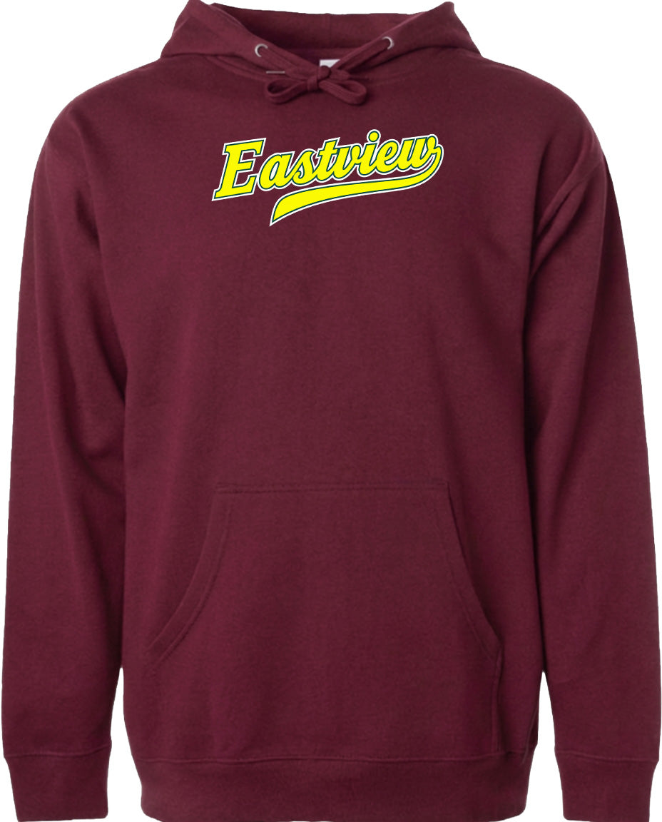 A burgundy-colored hoodie with a yellow logo on the front.