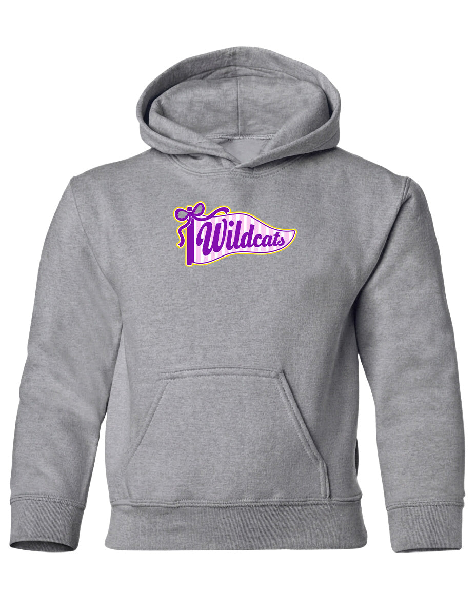 A gray hooded sweatshirt with a purple and yellow graphic on the front.