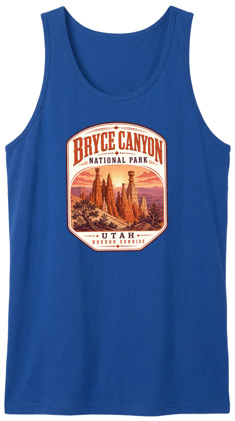A blue tank top with a graphic design depicting the Bryce Canyon National Park in Utah.