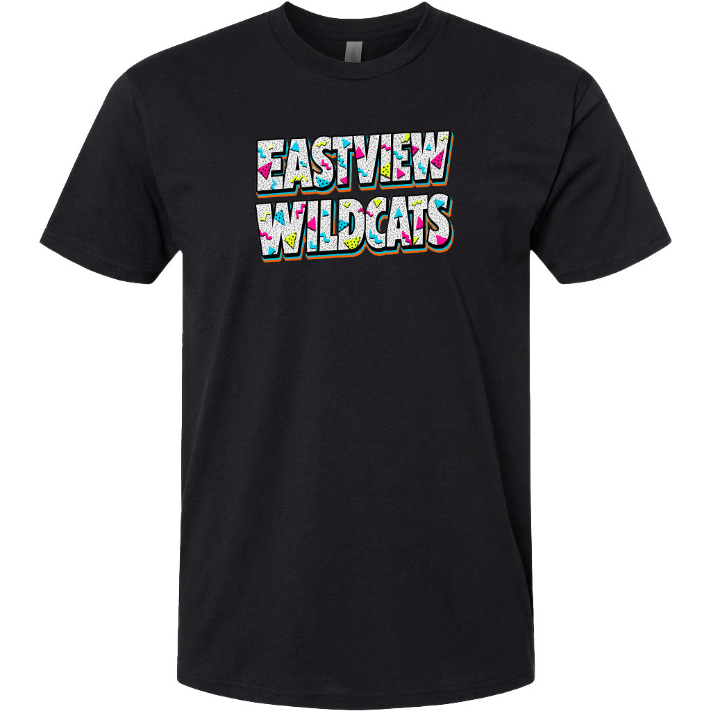A black t-shirt with the text "EASTVIEW WILDCATS" printed on it in a colorful, stylized font.