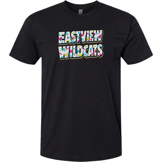 A black t-shirt with the text "EASTVIEW WILDCATS" printed on it in a colorful, stylized font.