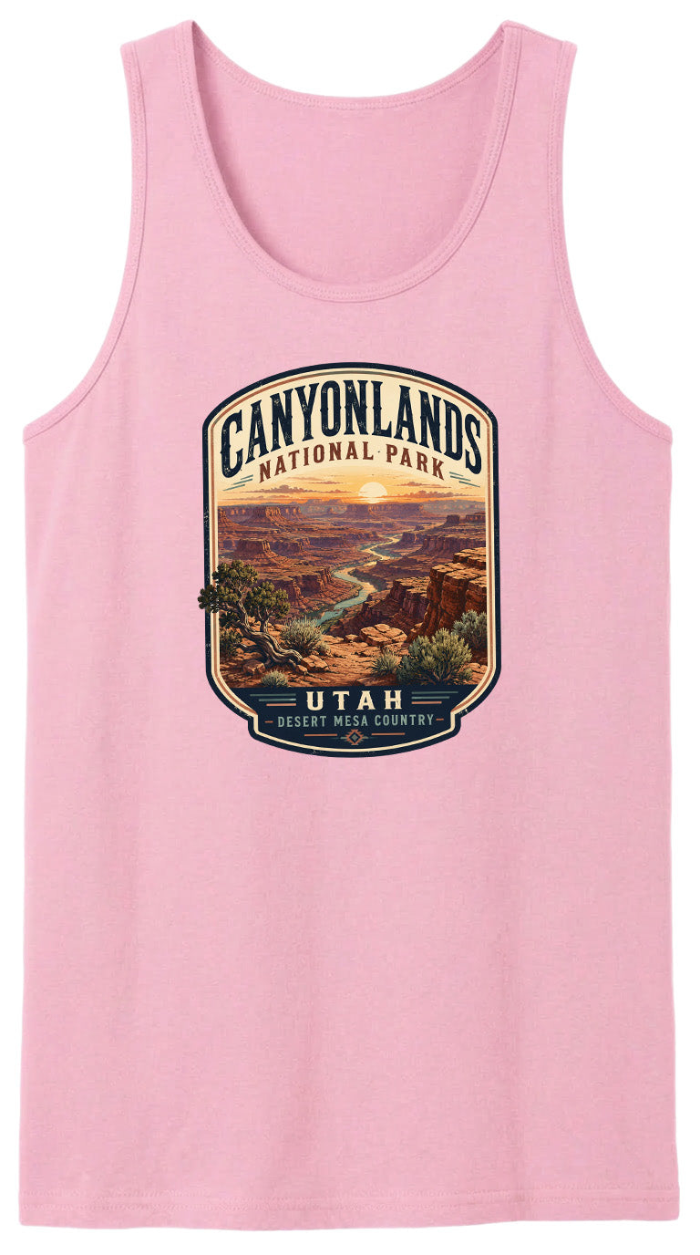A pink tank top with a graphic design depicting the scenic landscape of Canyonlands National Park in Utah.
