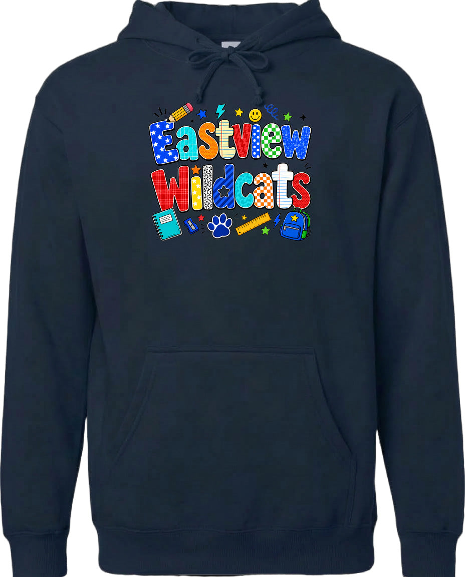 A navy blue hoodie with a colorful graphic design featuring the text "Eastview Wildcats" and various school-related icons such as a backpack, pencil, and book.