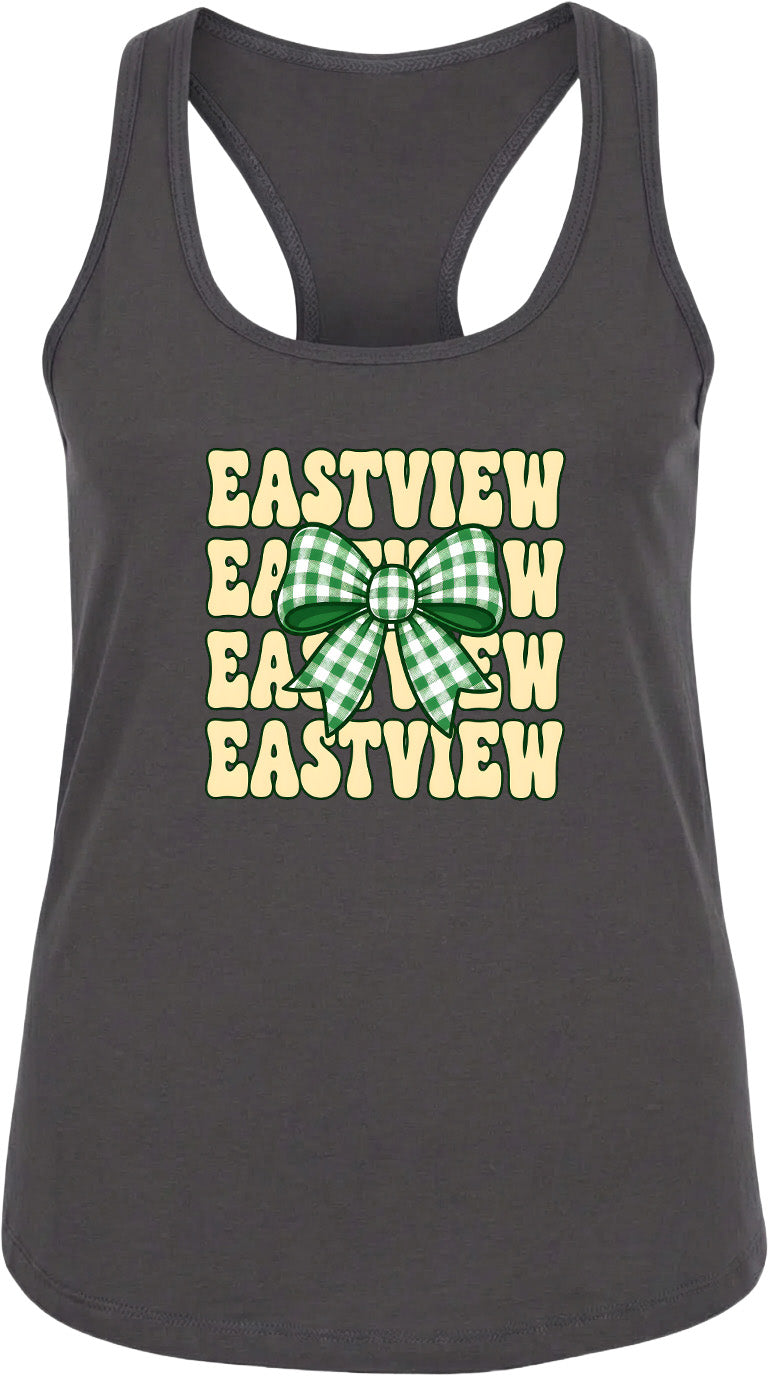 A gray tank top with a green and white bow design and the text "EASTVIEW" repeated in a vertical pattern.