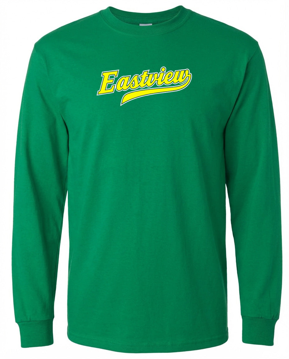 A long-sleeved green t-shirt with the word "Eastview" printed on it in yellow lettering.