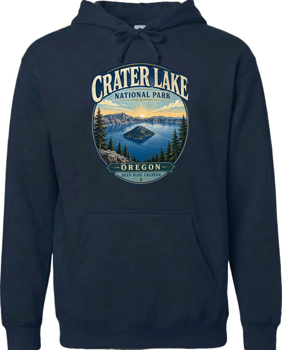 A navy blue hoodie with a graphic design depicting Crater Lake National Park in Oregon.