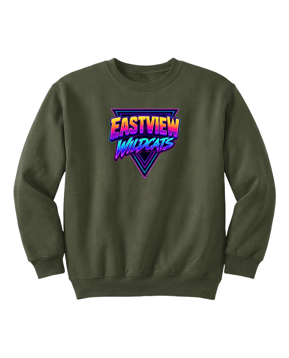 A dark green sweatshirt with a graphic design on the front.