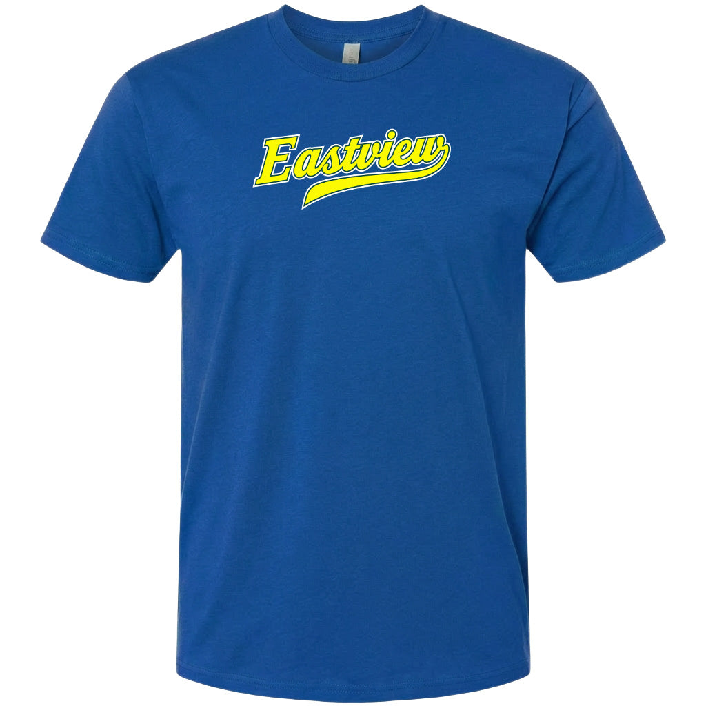 A blue t-shirt with the word "Eastview" printed in yellow on it.