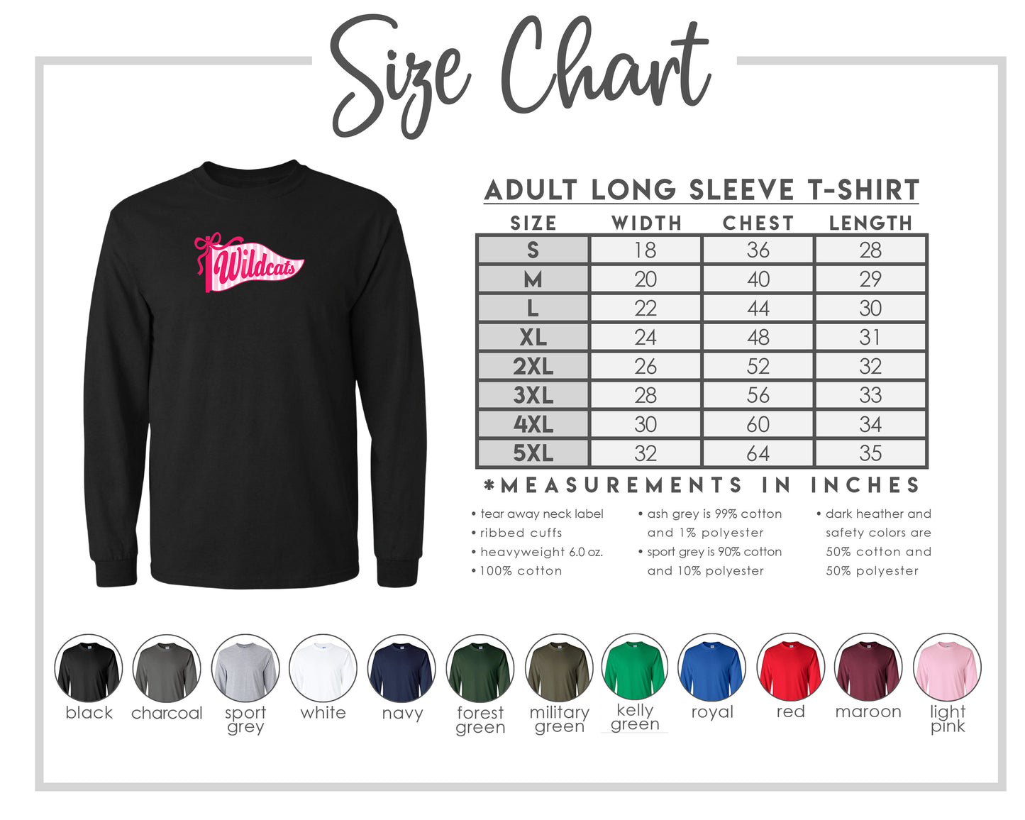 The image is a size chart for an adult long sleeve t-shirt, providing measurements and corresponding shirt colors.
