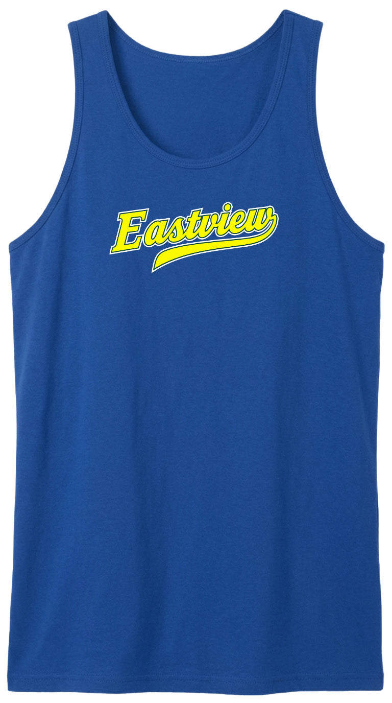 A blue tank top with the word "Eastview" printed in yellow on it.