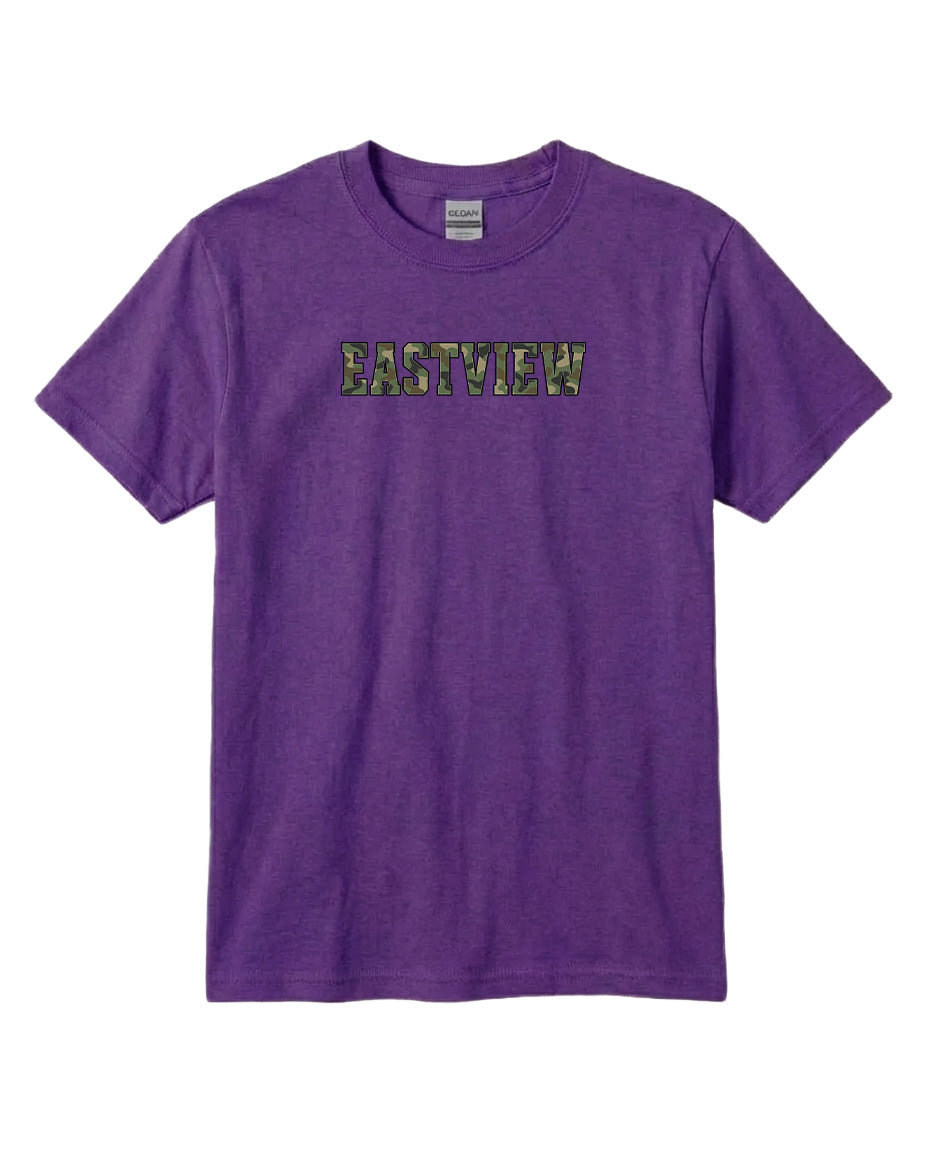 A purple t-shirt with the word "EASTVIEW" printed on it in a camouflage pattern.